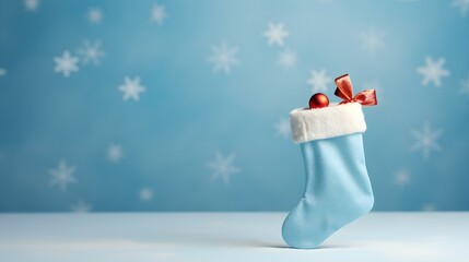Isolated sky blue Christmas Stocking in front of a festive Background. Cheerful Template with Copy...