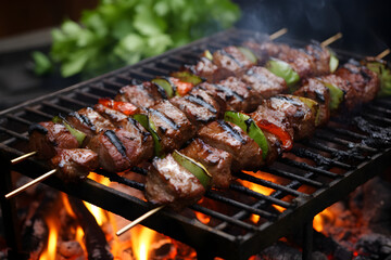 Shish kebabs sizzle on the grill, promising a mouthwatering feast. Outdoor cooking at its finest.