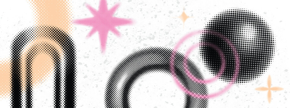 Half tone funky background, vector gradient raster dot effect poster, abstract futuristic forms. Geometric modern creative halftone banner, trendy retro brutalist shapes. Half tone spot ink texture