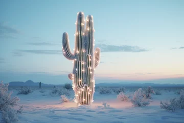 Fotobehang Creative Christmas concept. Large Mexican cactus decorated with glowing garland in snowy desert. © Владимир Солдатов