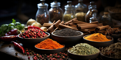 Wide banner image, colorful and delicious spices in dishes and bowls with bottles and  traditional Sri Lankan grinding tools on a table     - obrazy, fototapety, plakaty
