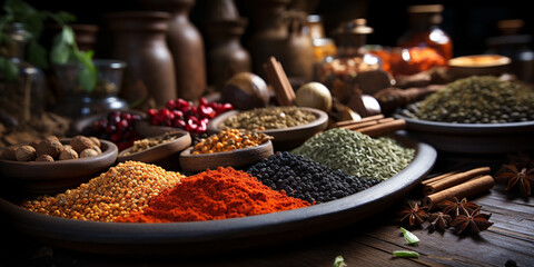 Wide banner image, colorful and delicious spices in dishes and bowls with bottles and  traditional Asian grinding tools on a table    