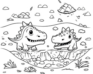 Dinosaur cartoon doodle hand drawn vector illustration. Cute cartoon dino in the grass.