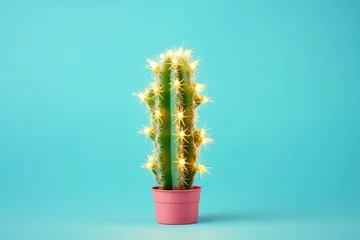 Schilderijen op glas Creative Christmas concept.  Homemade cactus in pink pot with lighted Christmas garland on blue pastel background. © Владимир Солдатов