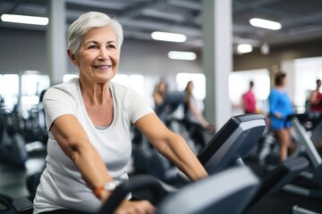 Fototapeta premium Portrait of a fifty-year-old Albanian woman working out in a gym.