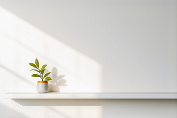 White realistic wall shelf with shadows and lighting in studio for product promotion and advertising. Generative AI