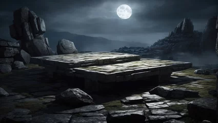 Zelfklevend Fotobehang "Mystical Moonlit Battlefield: The Haunting Stone Platform" © Famahobi