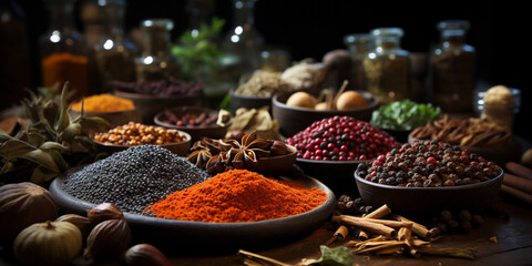 Wide banner image, colorful and delicious spices in dishes and bowls with bottles and  traditional Indian grinding tools on a table    
