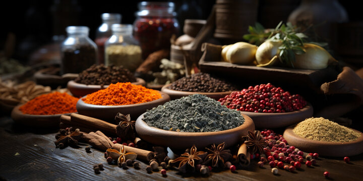 Wide banner image, colorful and delicious spices in dishes and bowls with bottles and  traditional India grinding tools on a table    