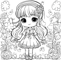 Cute little girl in floral garden. coloring book page for adults