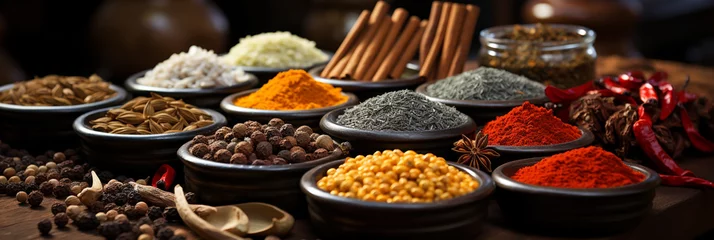 Keuken spatwand met foto Wide banner image, colorful and delicious spices in dishes and bowls with bottles and  traditional Asian grinding tools on a table     © Sudarshana