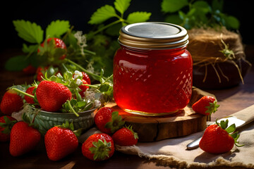 Fresh Strawberry Jam, A Sweet Delight in a Glass Jar, Perfect for Breakfasts and Desserts. Bursting with Natural Flavor!