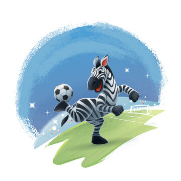 zebra mascot dribbles with soccer ball in the stadium