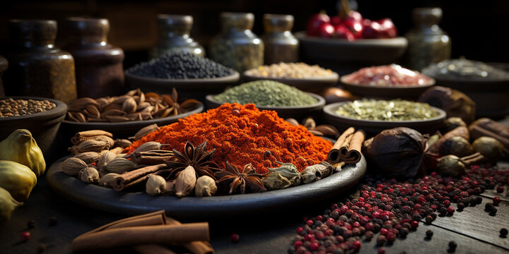 Wide banner image, colorful and delicious spices in dishes and bowls with bottles and  traditional Sri Lankan grinding tools on a table    