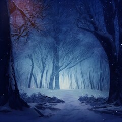 shot taken next to a tree night shot huge dense winter forest in the middle of a blizzard thick snow surreal alice in wonderland dreamlike 8k 