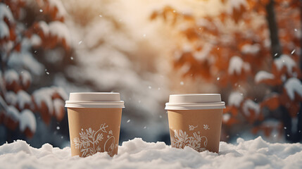 ボケた雪景色を背景に、テイクアウトのホットコーヒー2つが雪の上に置かれている写真 - obrazy, fototapety, plakaty