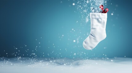 Isolated white Christmas Stocking in front of a festive Background. Cheerful Template with Copy...