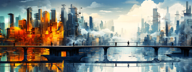 Surreal cityscape with interconnecting geometric bridges in vibrant digital art.