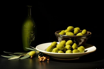 Olives on table, green and black backgrounds, white border. Generative AI