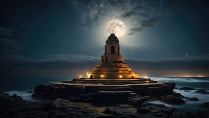 "Mystical Moonlit Battlefield: The Haunting Stone Platform"