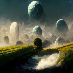 Chtuhlu Mtyhos alien Planet view from space alien mythos Valley dynamic ambient murky green atmopshere lush blue grass Lush sickly Moss Stone pillars engraved mythos foggy skies Photorealistic ray 