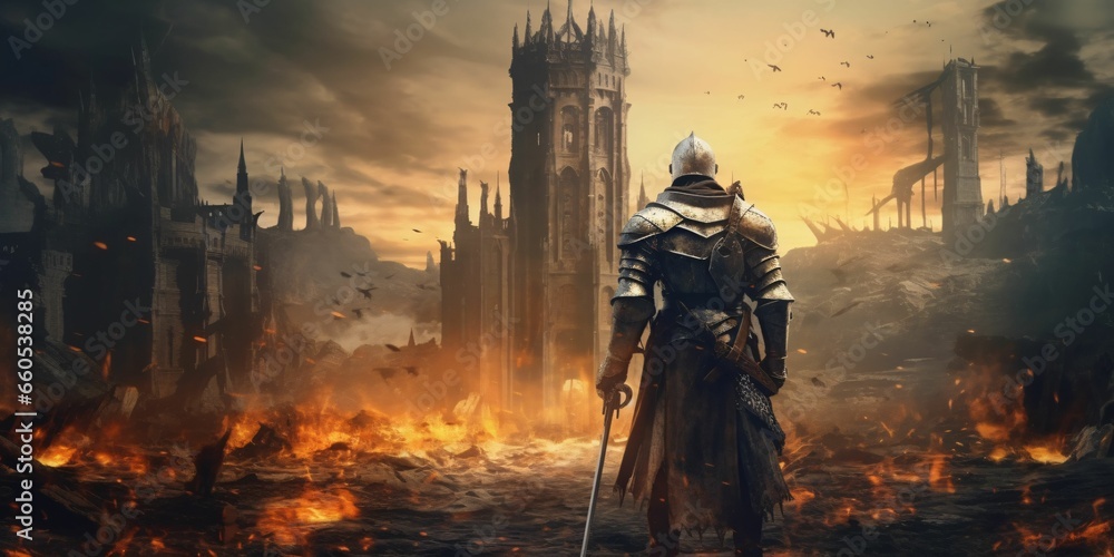 Wall mural Armored Medieval Warrior in Front of a Ruined Castle. Knight in Armor