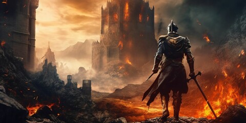Armored Medieval Warrior in Front of a Ruined Castle. Knight in Armor