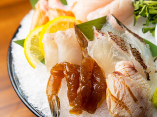 Delicious halibut sashimi, salmon sashimi, and shrimp