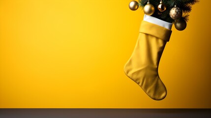 Isolated yellow Christmas Stocking in front of a festive Background. Cheerful Template with Copy...