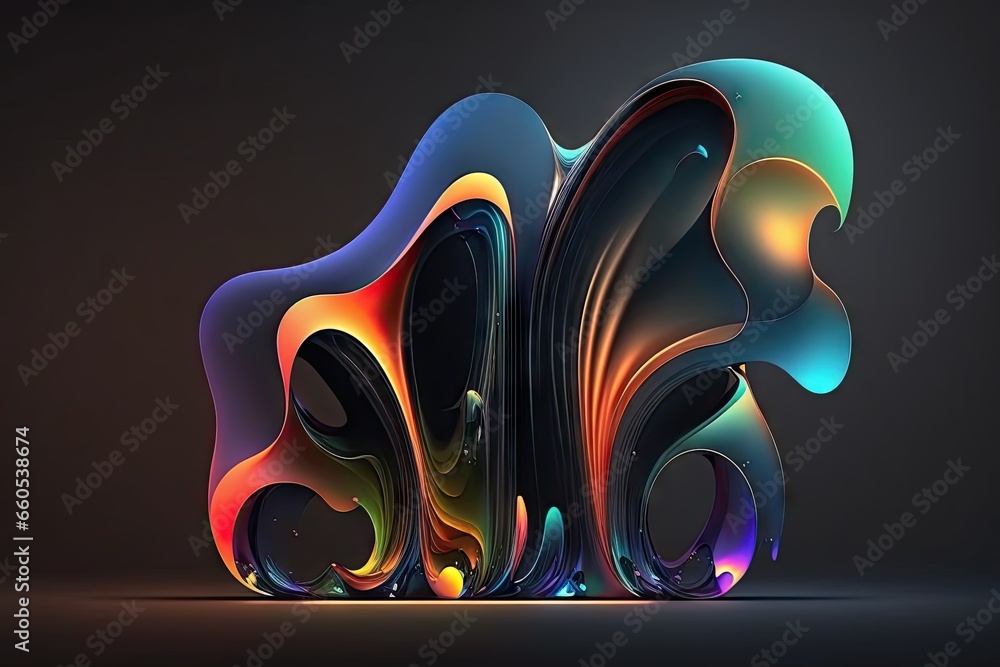Poster abstract colorful wavy object with reflection, on dark background