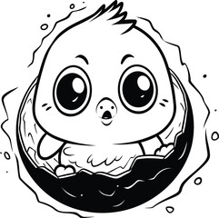 Black and white illustration of a cute little baby chick peeking out of an egg.