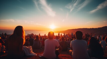 crowd watching a sunset, wide angle