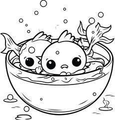 Black and White Cartoon Illustration of Cute Fish Bowl for Coloring Book