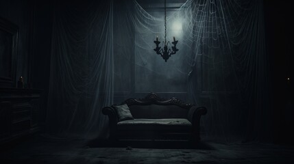 dark and gloomy room with spider webs - obrazy, fototapety, plakaty