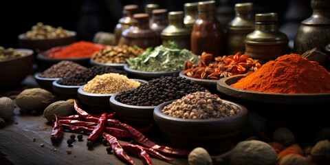 Spices filled dished on a table  - obrazy, fototapety, plakaty