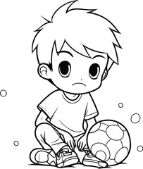 Coloring Page Cartoon Illustration of Little Boy with Soccer Ball for Coloring Book