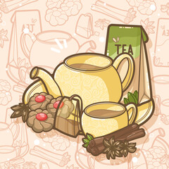 Tea time with biscuits, green tea, cinnamon rolls - Illustration for kids books, recipes,  gift card - Kawaii style dessert and cake, restaurant, cafe shop