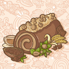  composition with chocolate rolled log cake whith cocoa beans, wheat, hazelnuts, and a cup of coffee -  Illustration for kids books, recipes,  gift card - Kawaii style dessert and cake, restaurant,