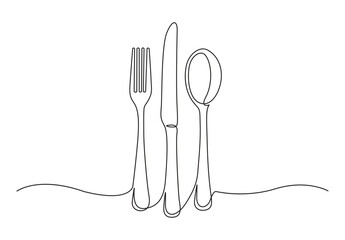 Single line drawing of Spoon, forks, knife, eating utensils. Kitchenware line art style for logos, business cards, banners. Vector illustration.