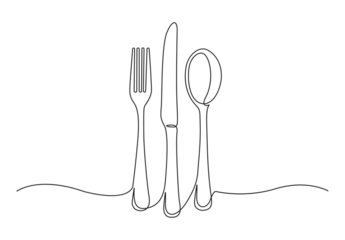 Photo sur Plexiglas Une ligne Single line drawing of Spoon, forks, knife, eating utensils. Kitchenware line art style for logos, business cards, banners. Vector illustration.