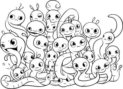 Black and white illustration of a group of funny cartoon monsters. Vector illustration.