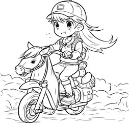 Cute little girl riding a motorcycle. Vector illustration for coloring book.