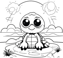 Naklejka premium Black and White Cartoon Illustration of Turtle Animal Character for Coloring Book