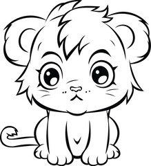 Cute Cartoon Lion   Black and White Cartoon Illustration. Vector
