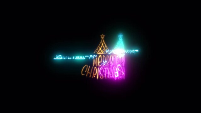 Merry christmas golden text with light motion glitch cyber punk effect animation abstract background.