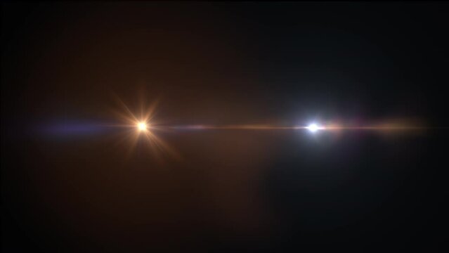 Abstract white gold optical lens flares light shine ray animation on black background for screen project overlay. 