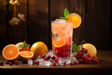 A tall glass filled with fruit and ice,  Generative AI