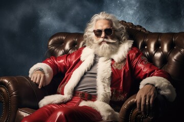 Santa claus sitting on armchair with christmas tree.
