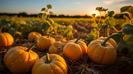 Pumpkins in a field at sunset