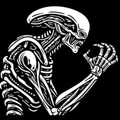 Alien Silhouette: A stark black and white illustration of a skeletal, humanoid alien in profile, set against a solid black background